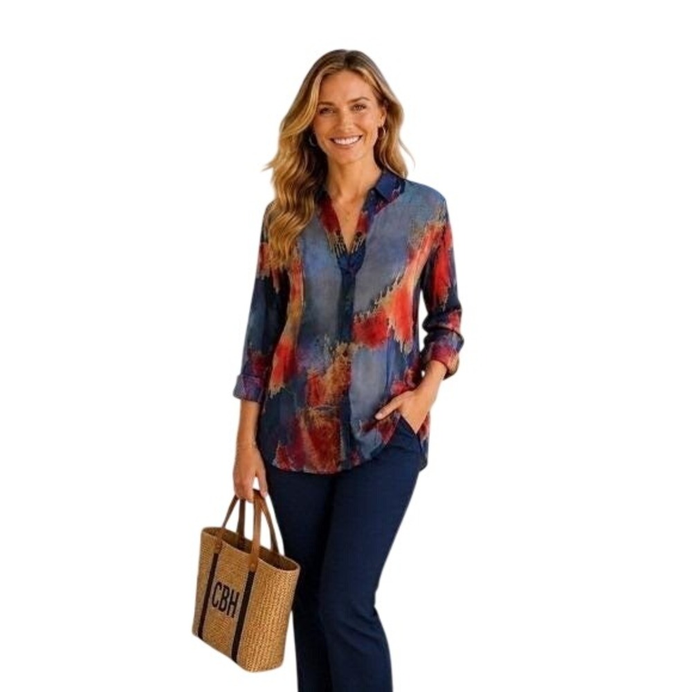 Vtg Chico's Velvet Burn Out‎ Silk Blend Blue Red Blouse Shirt Patriotic  Large